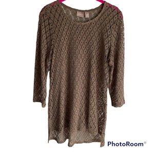 CHICO'S Brown 3/4 Sleeve Open Knit Ladies Career Beach Casual Tunic, 1/M